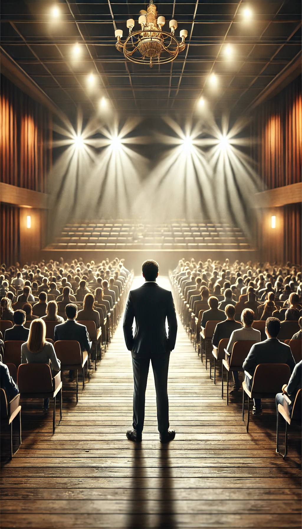 DALL·E 2025-04-17 05.51.01 - A realistic and emotionally powerful vertical image of an educational conference. A speaker is seen from behind standing alone on a wooden stage, faci